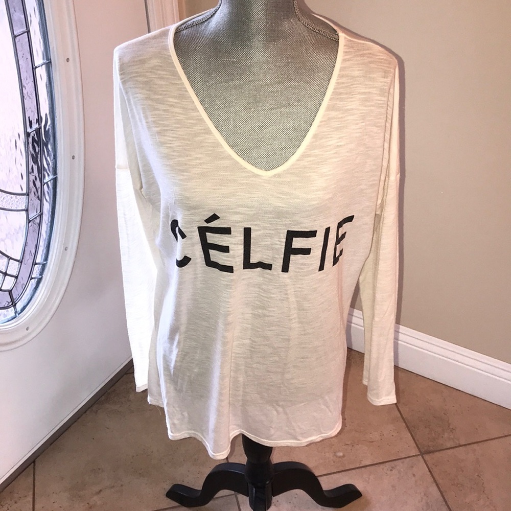 V-Neck Semi-Sheer “Celfie” Long Sleeved T-Shirt